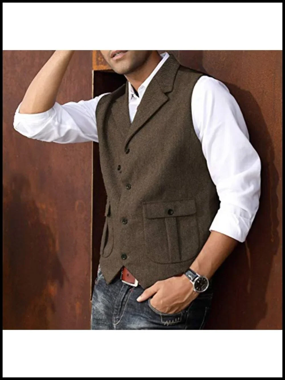 Mens Western Herringbone Tweed Suit Vest Slim Fit Waistcoat